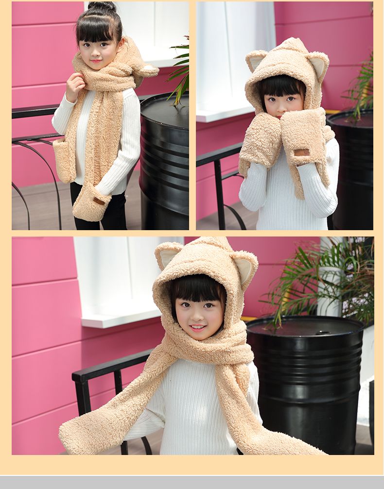 A practical and cute one-piece hat and scarf with little bear ears. A fluffy lambskin scarf for winter girls to keep warm detail image 9