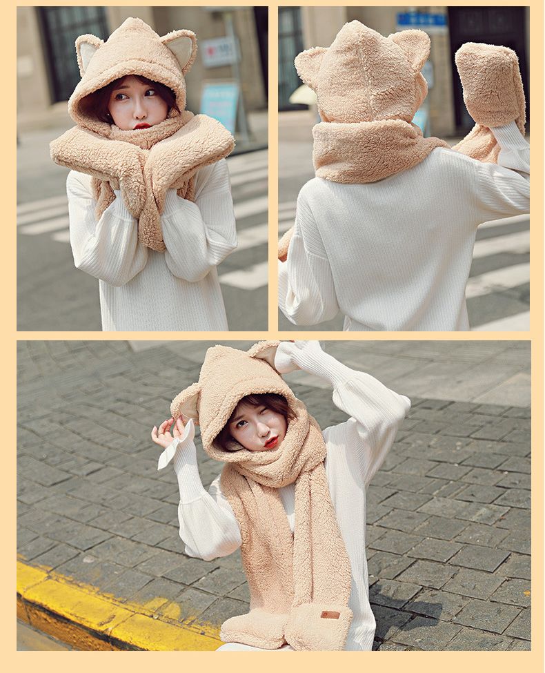 A plush hat, scarf and gloves set for a cute winter girl with thick cat ears and warm three-piece cycling neck detail image 12