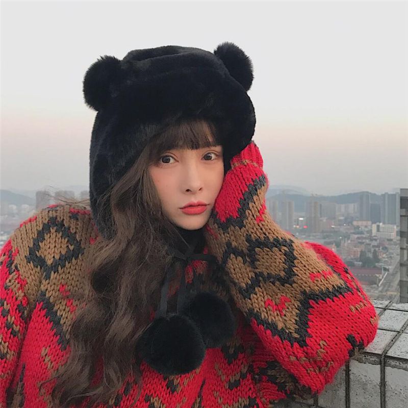 Soft Sister Cute Sell Cute Bear Ears Hairball Lei Feng Hat Korean Version Of Ins Warm Plush Ear Protection Flying Cap undefined