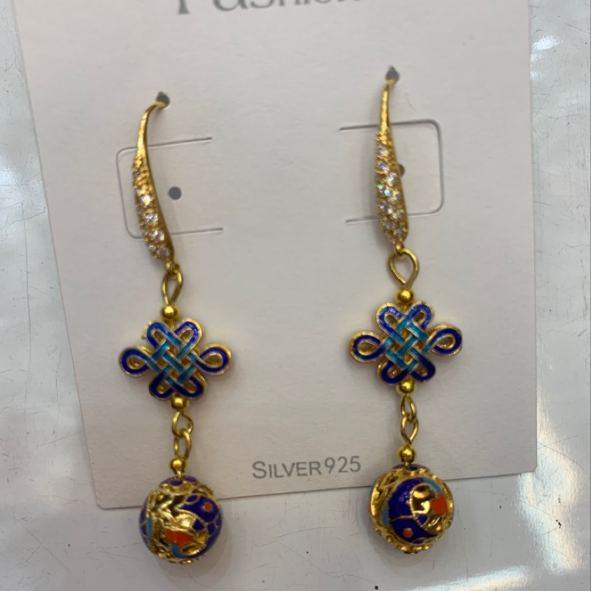 Ancient-style zircon cloisonne peace knot earrings
