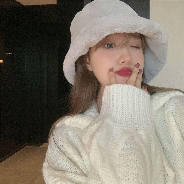 Flat Top Japanese Fisherman Hat Basin Hat With Solid Color Warm Thick Autumn And Winter Korean Version Of Instagram Tide Imitation Fur Hat Woman undefined