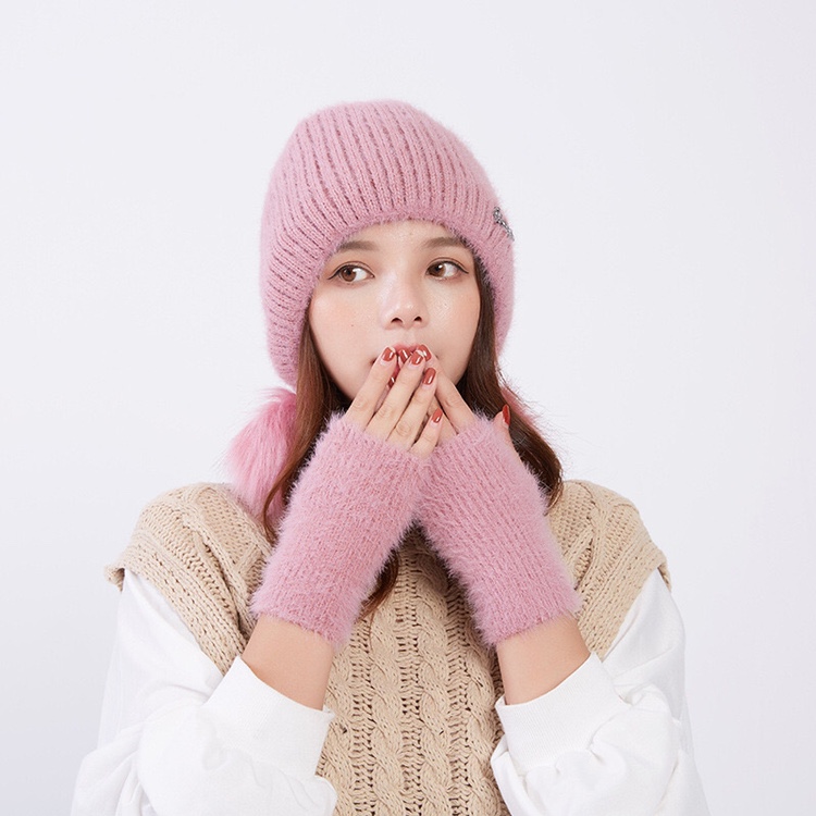 Solid-color knitted hat with gloves for women's outdoor bell-shaped warm hat in autumn and winter, Korean-style non-pilling flat border windbreaker undefined