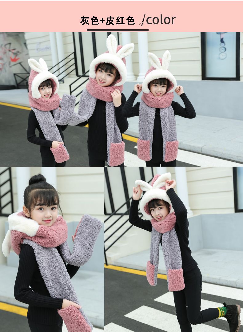 Gloves Scarf Children's Hat Hairy Big Child Panda Coral Velvet Three Ears Winter Cap Boy Baby One undefined