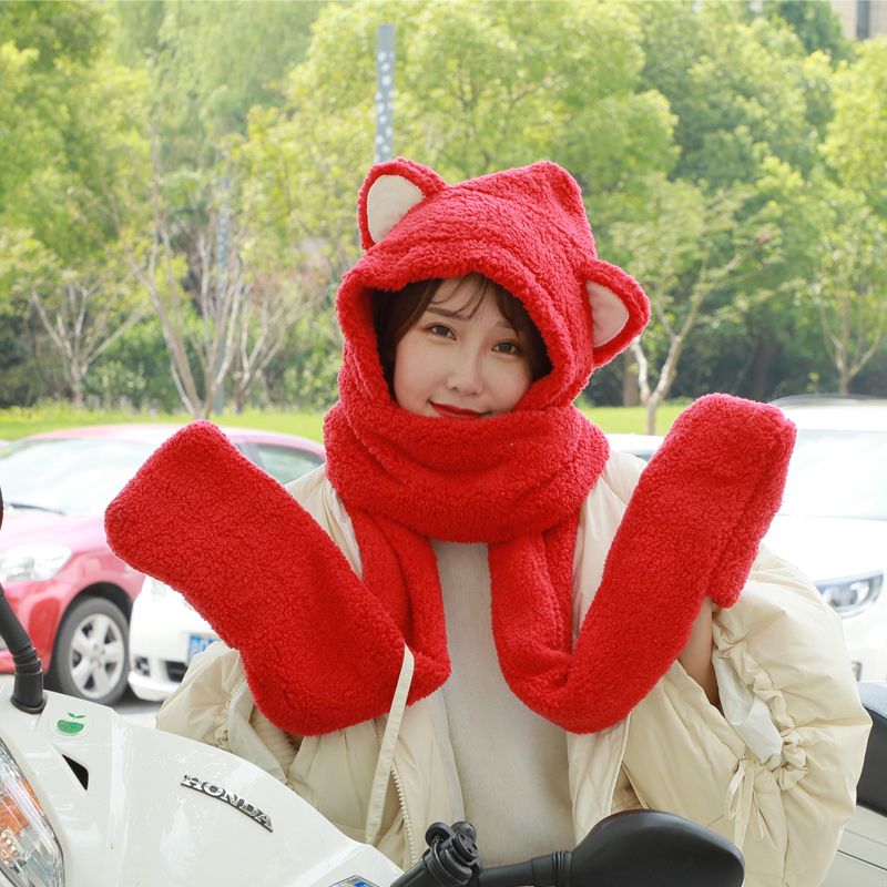 Winter thickened bear ears, one-piece scarf and hat, lambskin scarf, Korean version, cute and versatile, plush girl student detail image 20