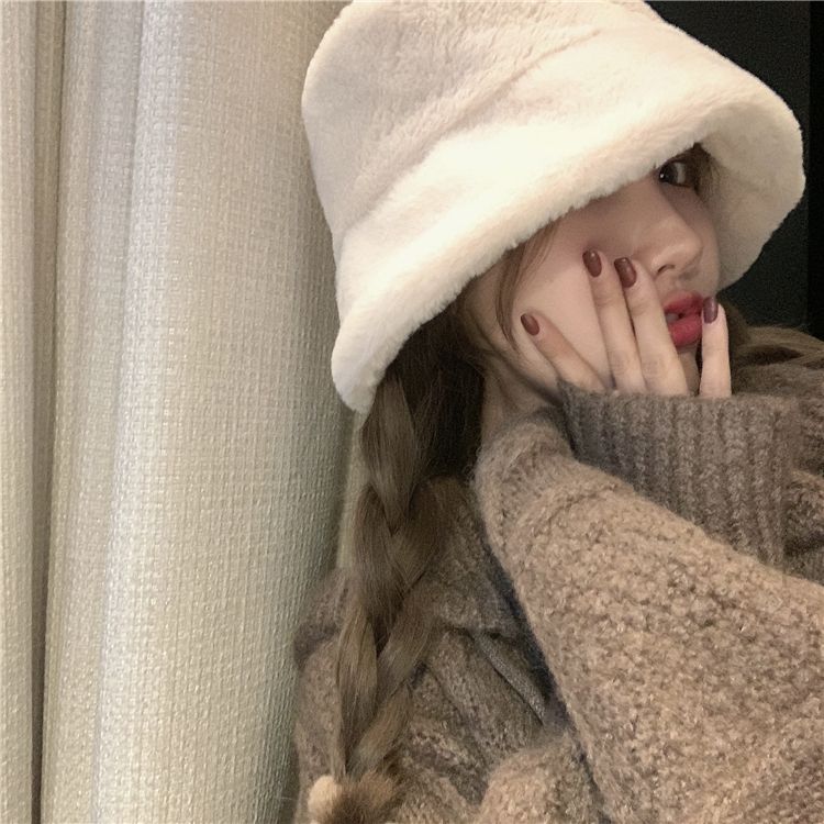 Flat Top Japanese Fisherman Hat Basin Hat With Solid Color Warm Thick Autumn And Winter Korean Version Of Instagram Tide Imitation Fur Hat Woman undefined