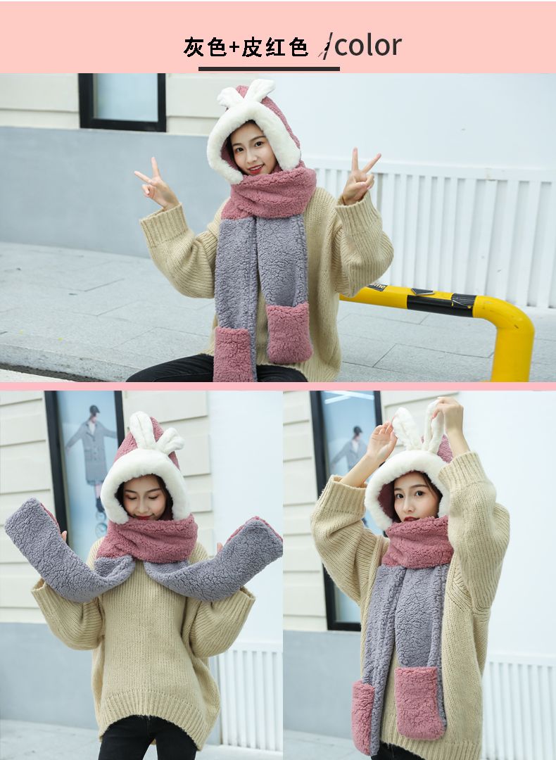 This is a cute and fluffy Japanese hooded scarf for girls. It is thick and warm for female students detail image 12