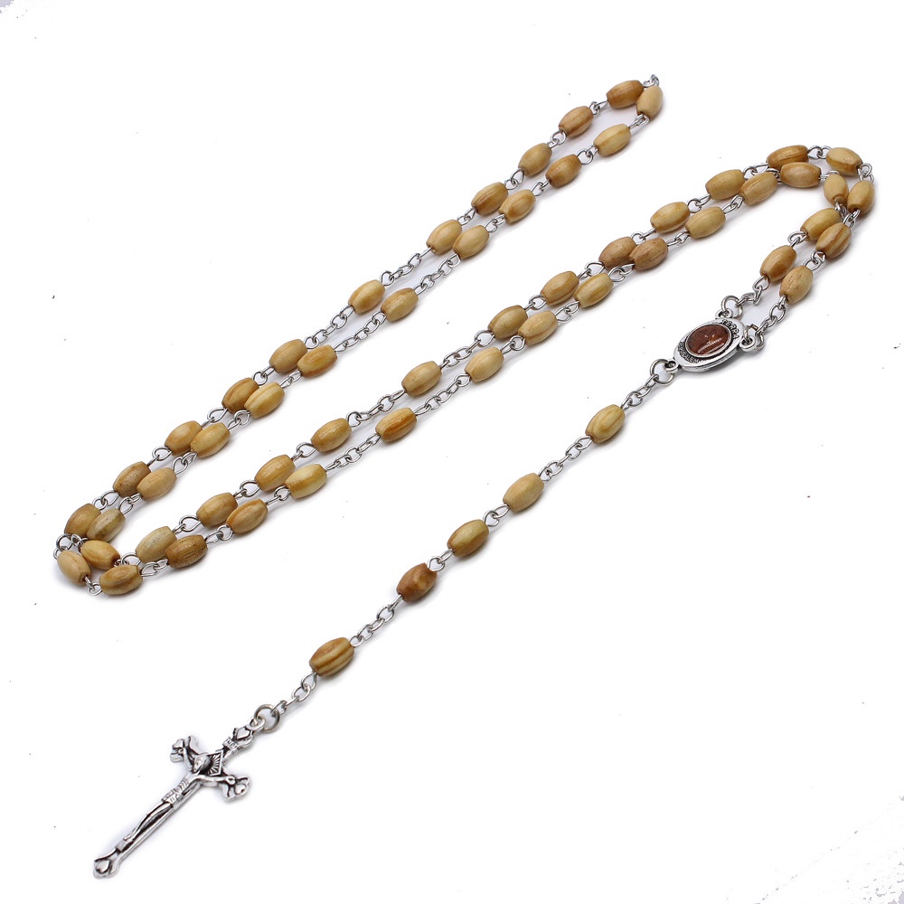Wooden Rice Beads Rosary Cross Necklaces Handmade Curved Needles Religious Ornaments details Picture