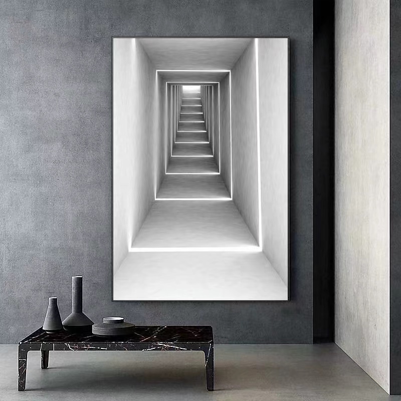 现代简约黑白几何抽象挂画空间延伸装饰画玄关背景墙楼梯走道壁画图