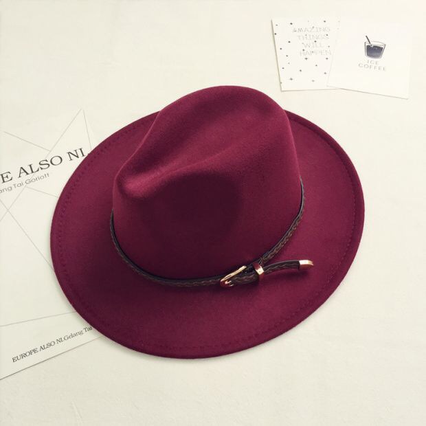 European and American style retro woolen woolen hat, belt, wide-brimmed top hat for women, British casual and versatile jazz hat for men in autumn and winter Item Picture