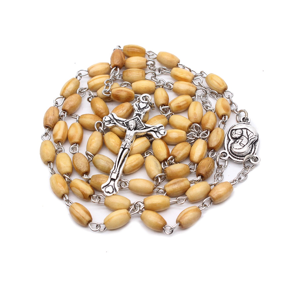 Wooden Rice Beads Rosary Cross Necklaces Handmade Curved Needles Religious Ornaments Specification drawing