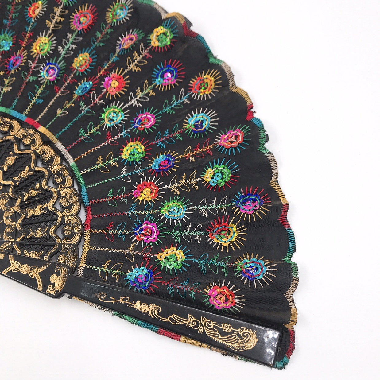 国潮黑杆亮片扇子 绣花扇子 工艺品扇 地摊经济详情图7