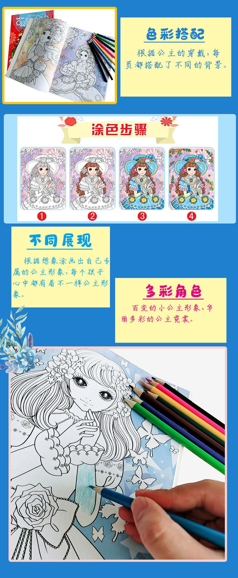 公主换装涂色书 女孩画画本3-6-8岁幼儿园涂鸦填色绘本儿童绘画册详情图8