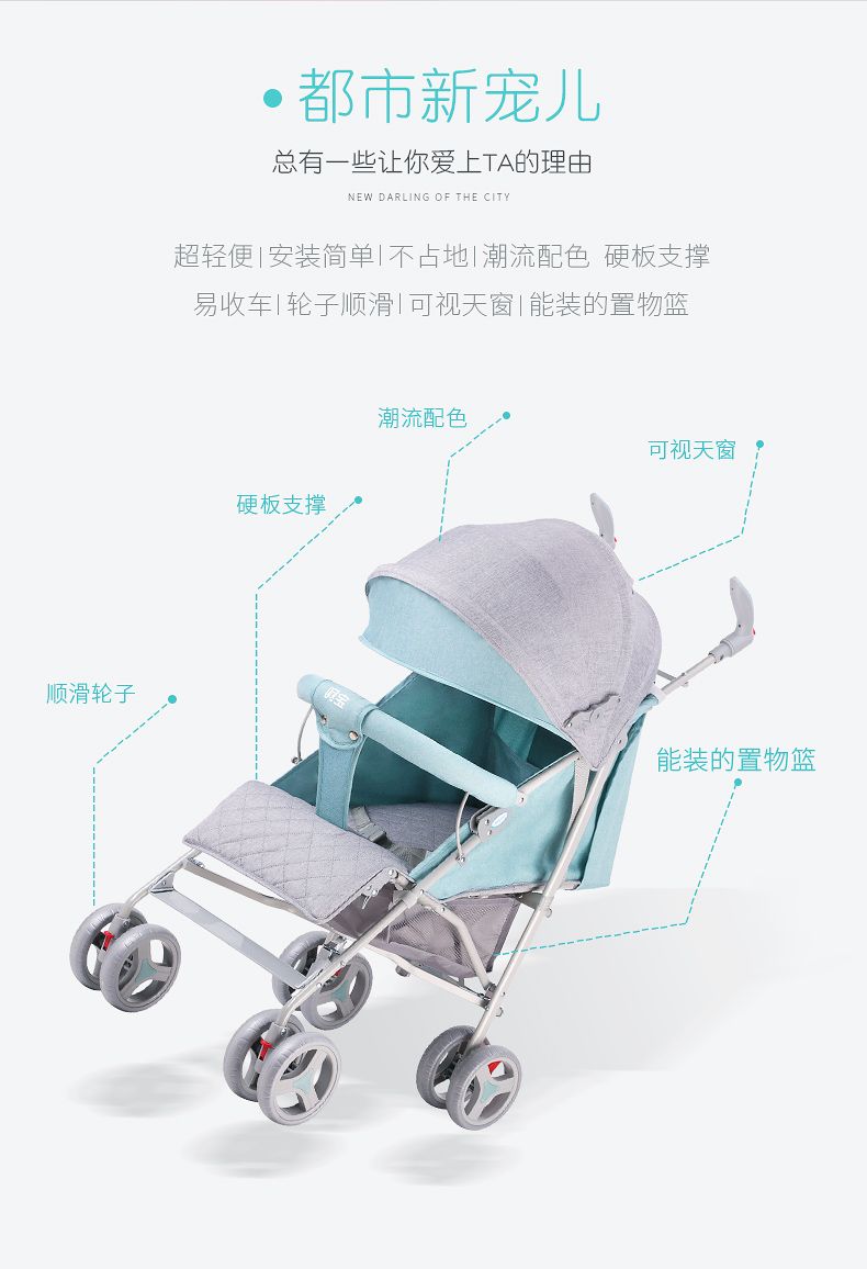 新款马卡龙婴儿车儿童伞推车可坐可躺全蓬可折叠详情图2