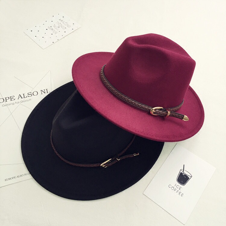European and American style retro woolen woolen hat, belt, wide-brimmed top hat for women, British casual and versatile jazz hat for men in autumn and winter Specification image