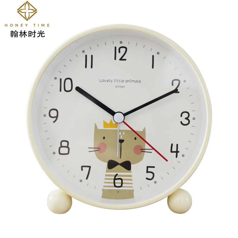 圆形可爱卡通动物座钟 儿童学生床头静音扫秒夜灯4.5寸闹钟时钟表