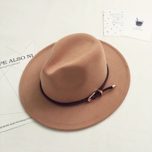 European and American style retro woolen woolen hat, belt, wide-brimmed top hat for women, British casual and versatile jazz hat for men in autumn and winter undefined