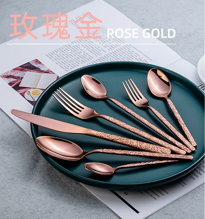 2020 feature relief texture stainless steel western tableware set of seven hotel steak knives, forks and spoons thumbnail