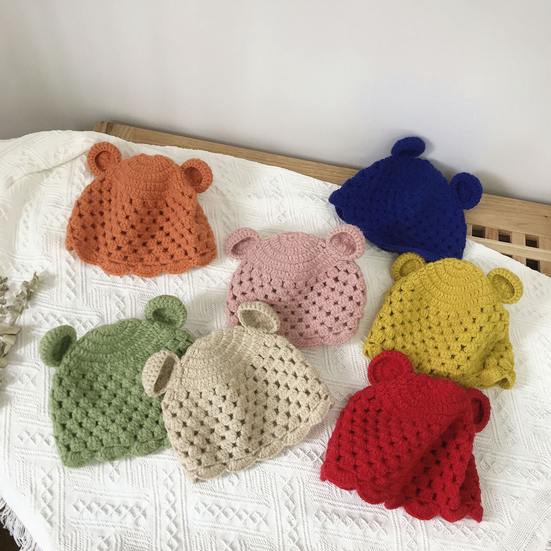 Autumn And Winter New Children's Knitted Hat Baby Hollow Cute Bear Ears Cartoon Hand-Made Warm Woolen Hat