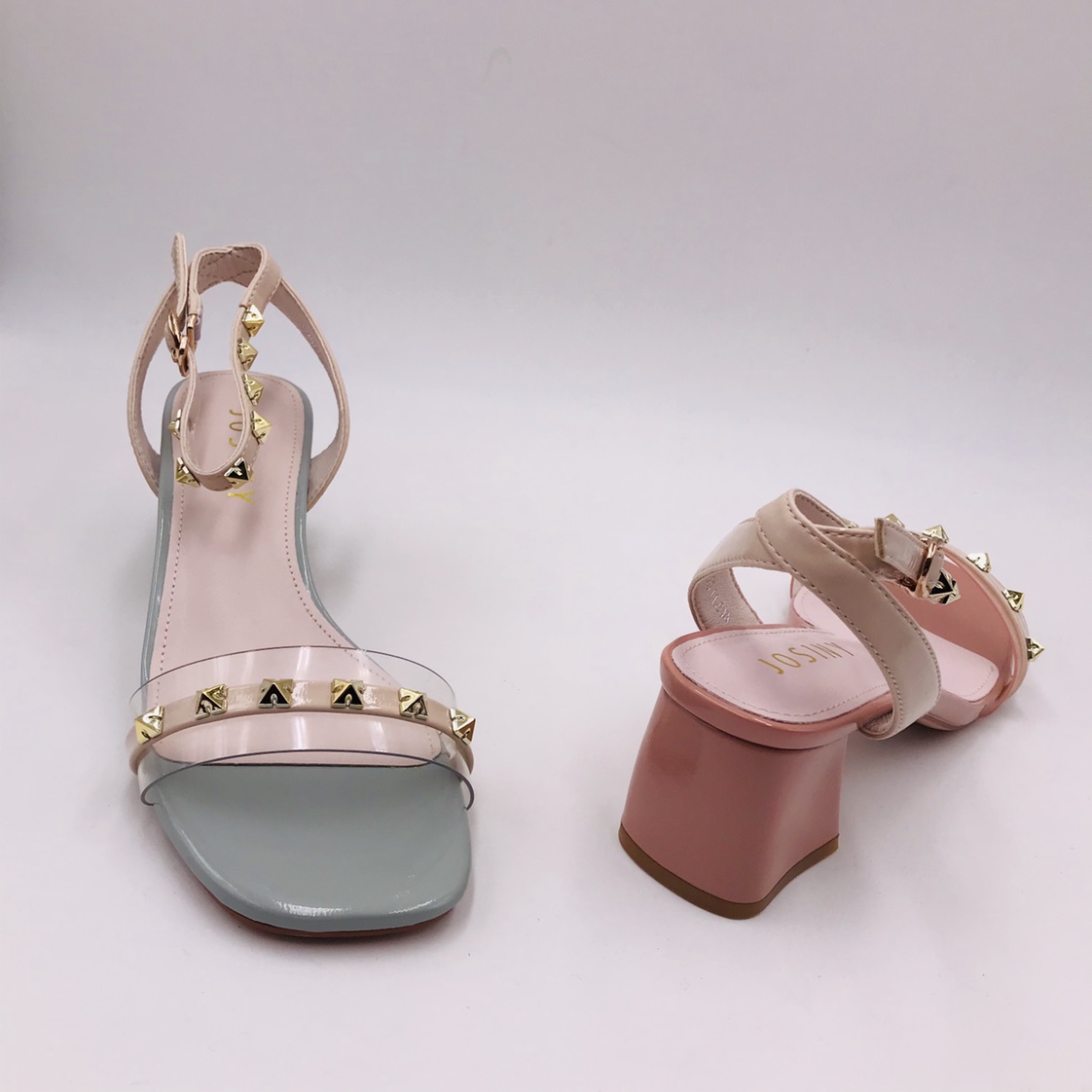 Victory Shoes' new summer sandals for women, featuring open-toe, one-button high heels, thick heels, slimming rivets and fashionable women's shoes