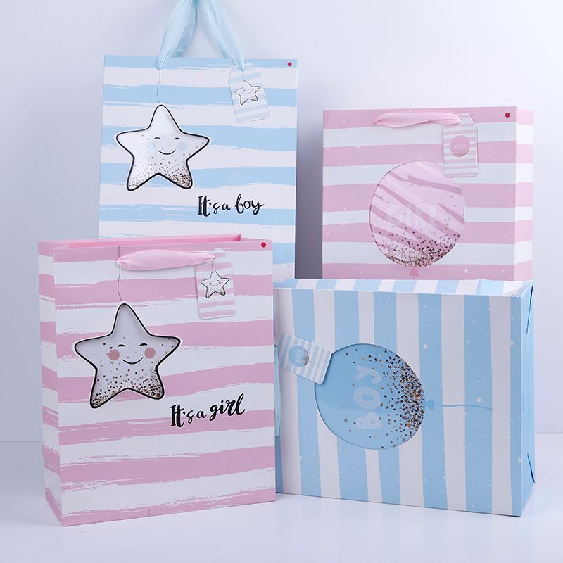 简约粉蓝礼品手提白卡纸袋ins可爱购物服装环保包装拎袋定制