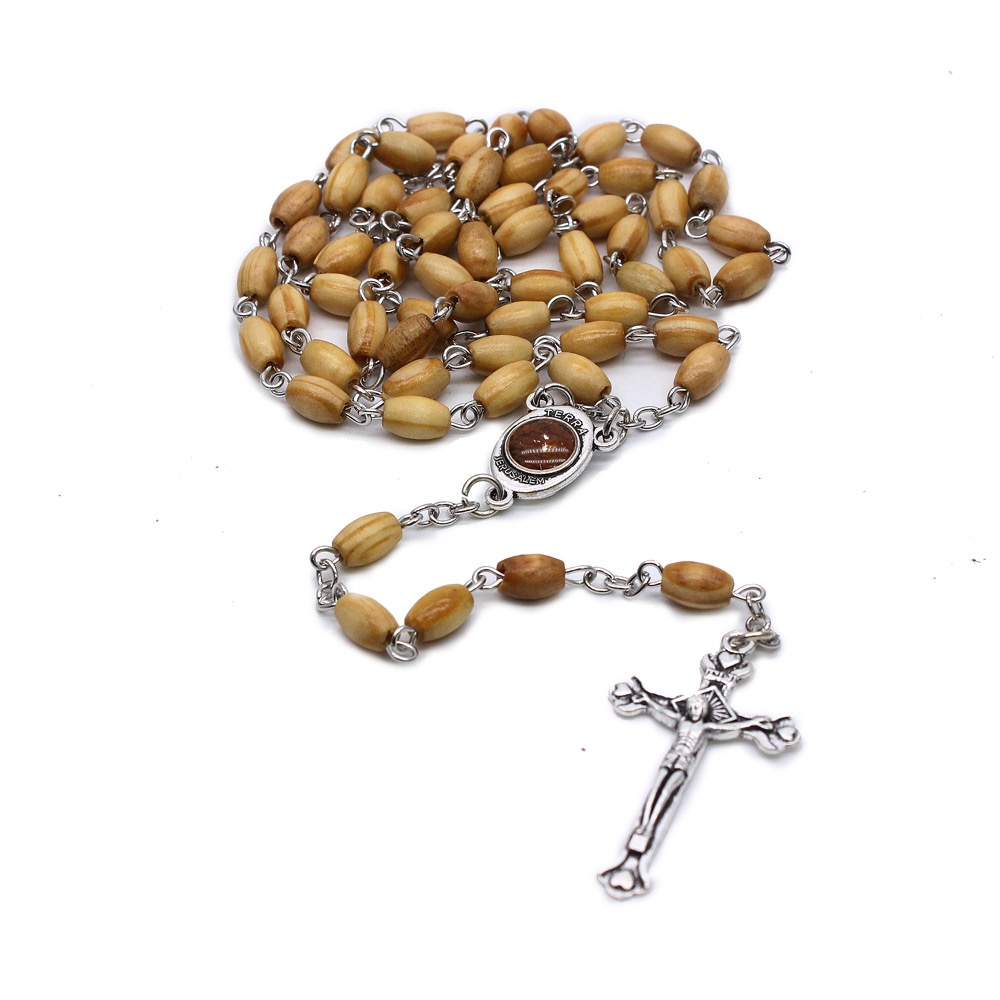 Wooden Rice Beads Rosary Cross Necklaces Handmade Curved Needles Religious Ornaments