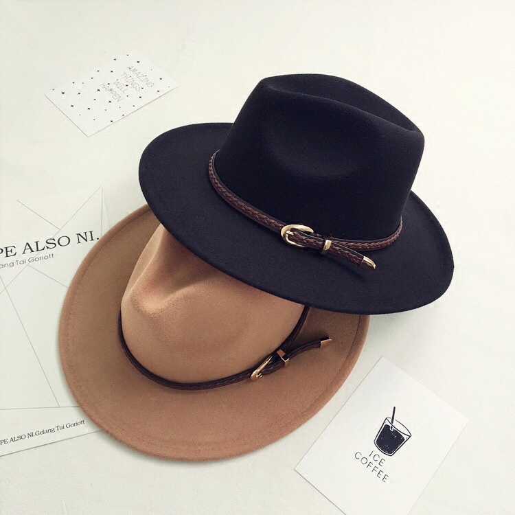 European and American style retro woolen woolen hat, belt, wide-brimmed top hat for women, British casual and versatile jazz hat for men in autumn and winter details Picture