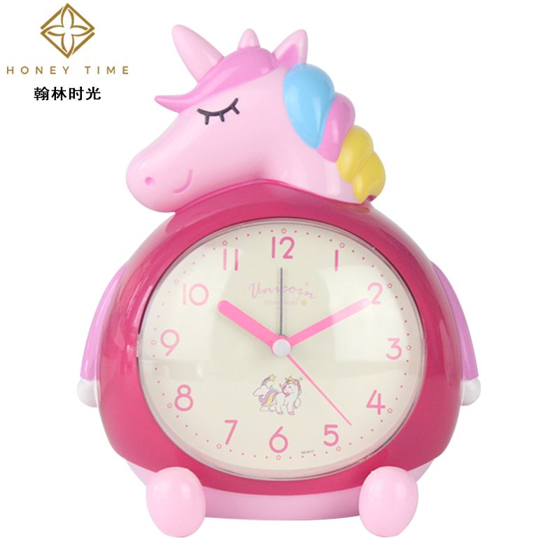 Cute cartoon rainbow horse unicorn smart two-tone alarm clock Children students silent sweep second night light snooze clock