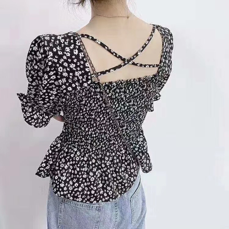 小碎花后背交叉雪纺上衣产品图