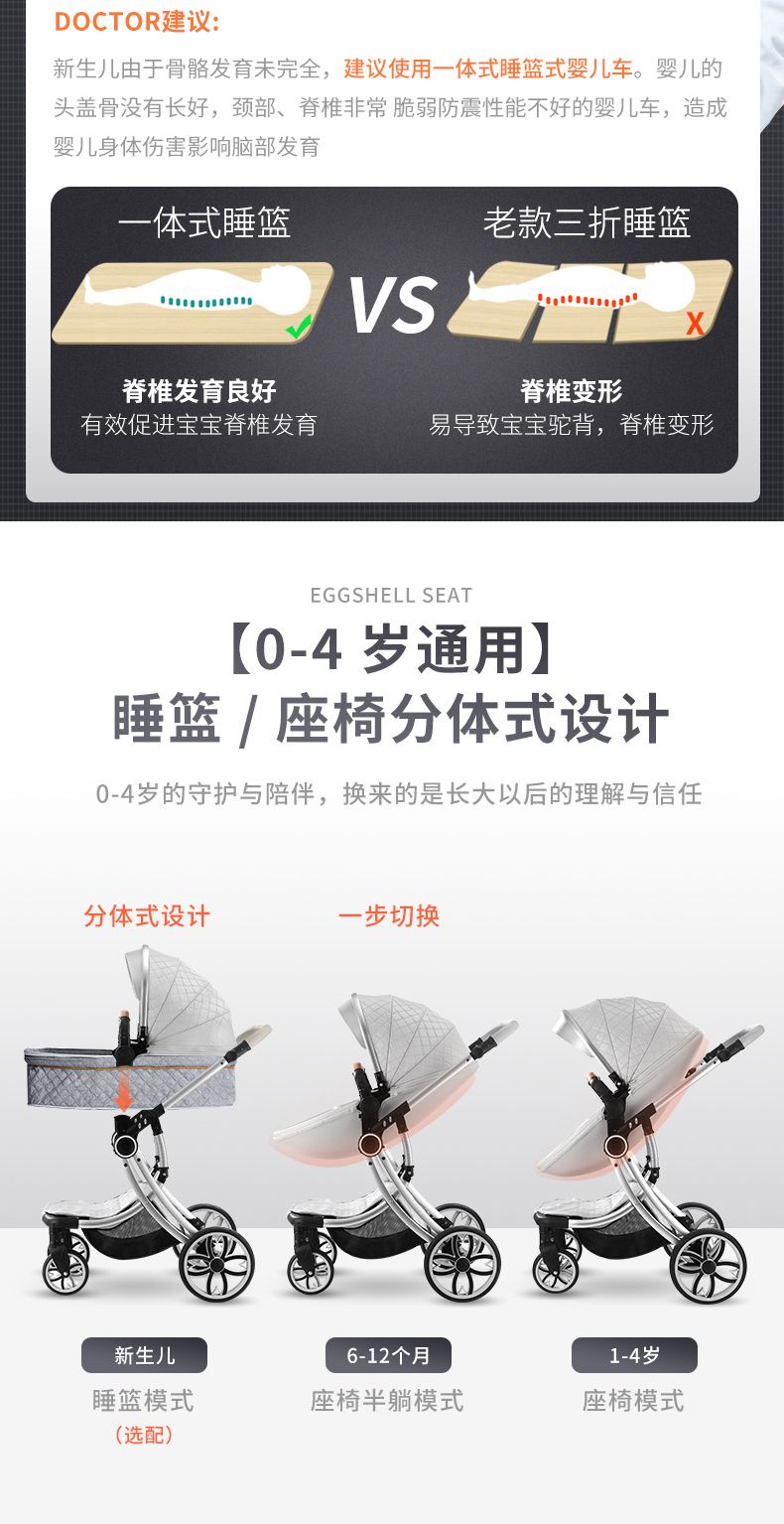 新款高景观手推车童车大轮减震器铝合金可坐可躺婴儿车详情图4