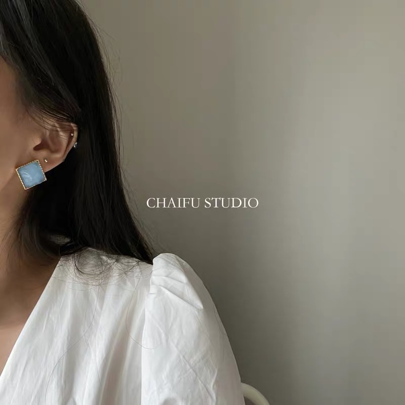 Korean square candy-colored resin metal stud earrings details Picture