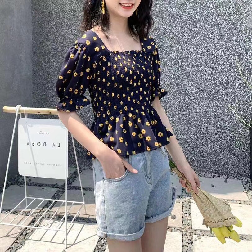 小碎花后背交叉雪纺上衣细节图