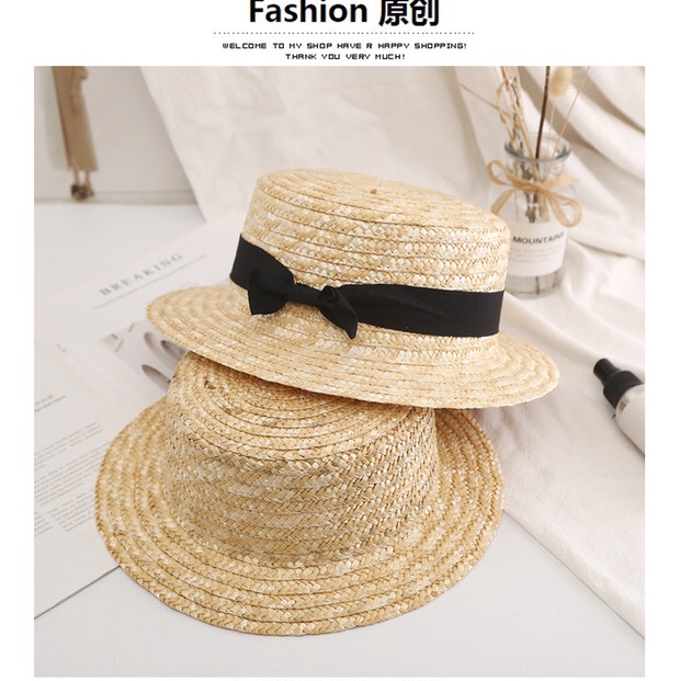 Korean-style sweet bow straw hat, flat-topped top hat, summer vacation travel sun hat, sun-protective beach hat details Picture