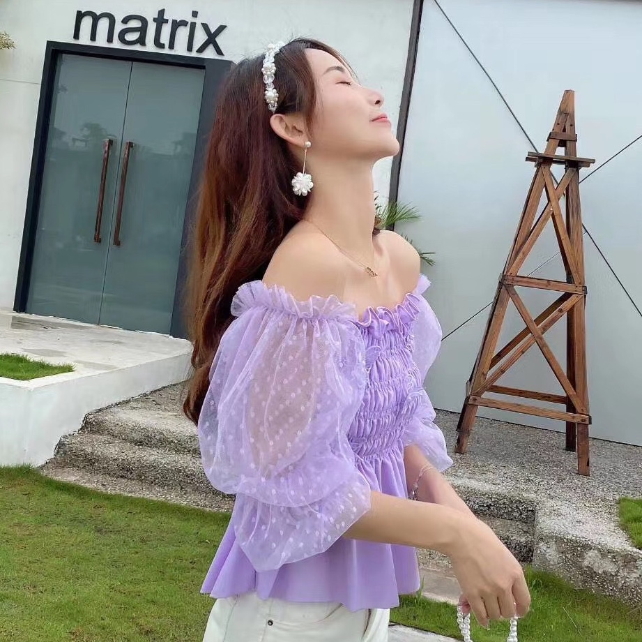 一字肩镶蝴蝶雪纺上衣产品图