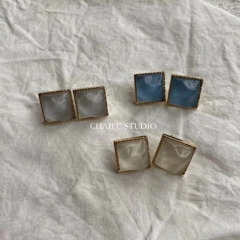 Korean square candy-colored resin metal stud earrings