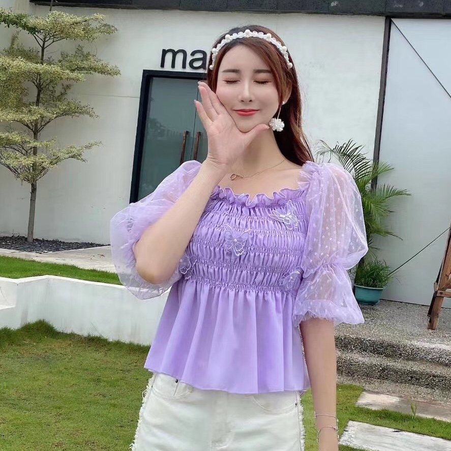 一字肩镶蝴蝶雪纺上衣细节图