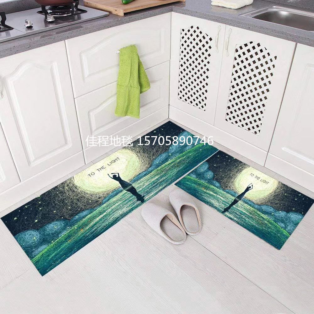 Borderless crystal velvet printed kitchen floor mat two-piece set, anti-slip combination floor mat, new kitchen mat, kitchen foot mat, carpet Application Scenario