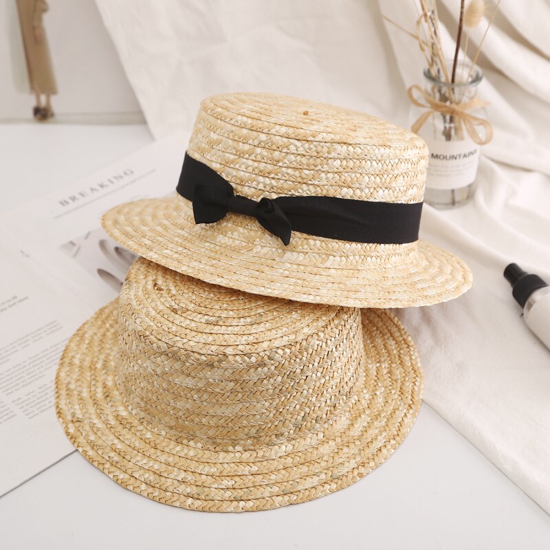 Korean-style sweet bow straw hat, flat-topped top hat, summer vacation travel sun hat, sun-protective beach hat