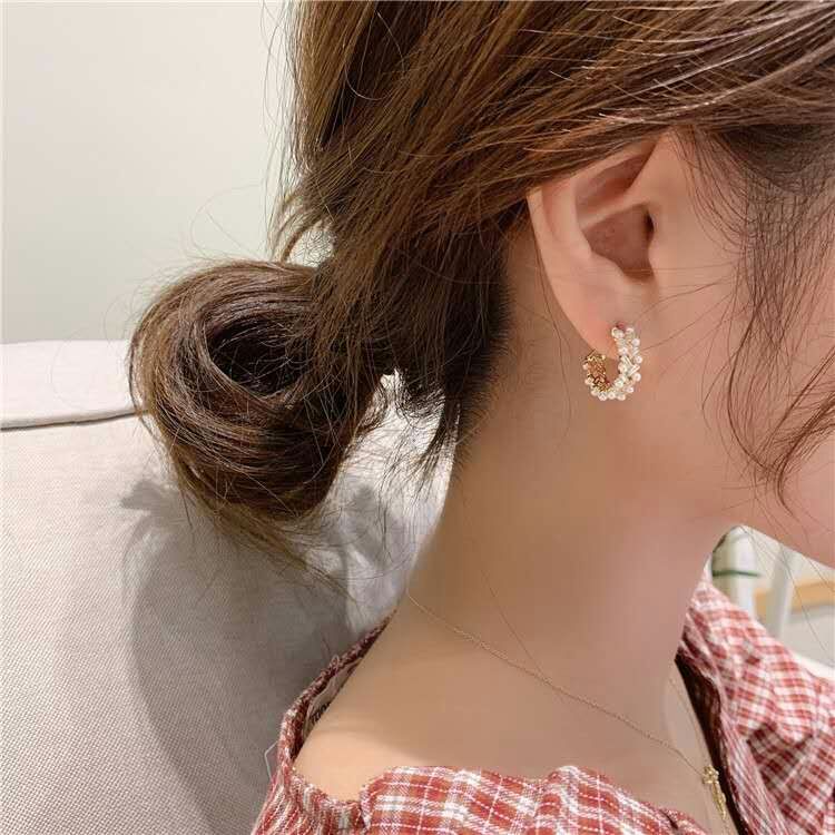 925银针简约珍珠锆石耳环韩国精耳钉百搭显脸瘦C型耳圈气质耳饰女