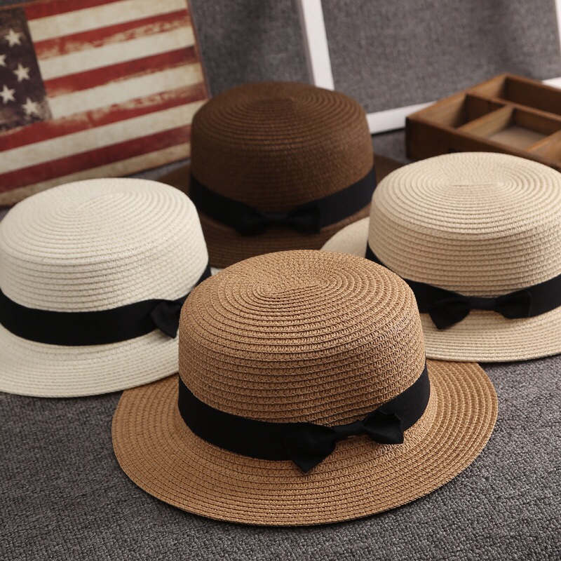 Korean version straw hat girl summer, British retro flat-topped fresh and clean top hat, sunshade and sun protection, beach hat, trendy summer outing Specification image