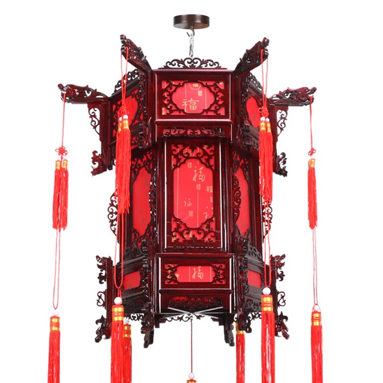 Three-layer wood-carved palace lanterns, antique Chinese solid wood palace lanterns, outdoor waterproof sheepskin red lanterns, advertising tea house lamps, balcony wooden chandeliers Item Picture