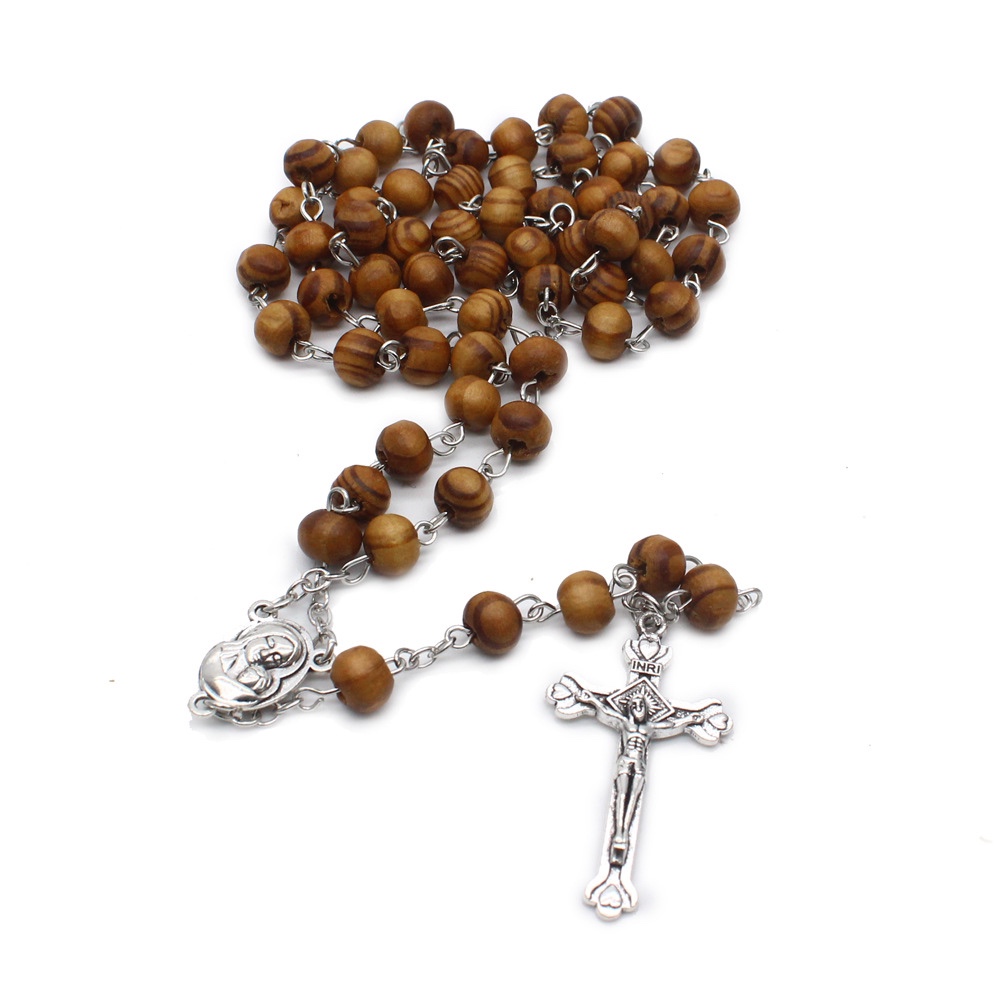 Pure Handmade Curved Needle Rosary Necklace Wooden Bead Cross Religion Christian Catholic Jewelry Rosary Beads details Picture