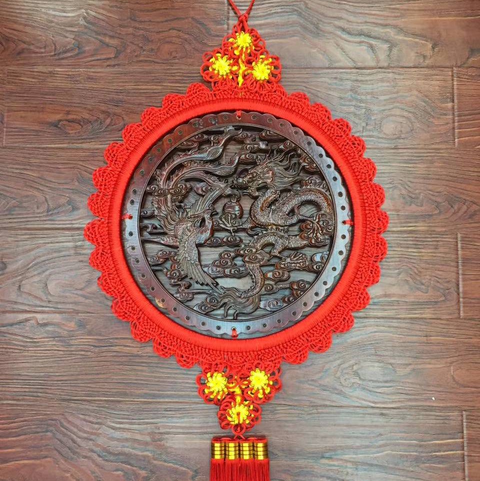 45# Wood-carved Chinese knot with auspicious dragons and phoenixes details Picture