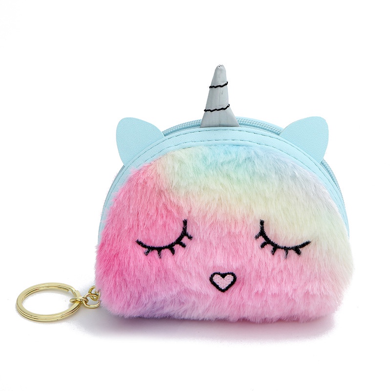 2020日韩爆款可爱独角兽迷你钱包 女士创意七彩毛绒收纳零钱包白底实物图