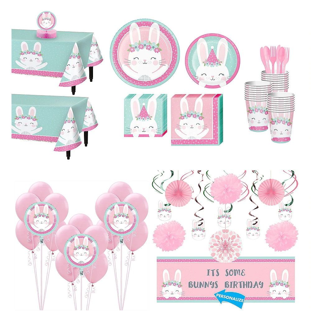 A012粉色可爱小兔子主题 生日派对桌布纸杯盘拉旗套装