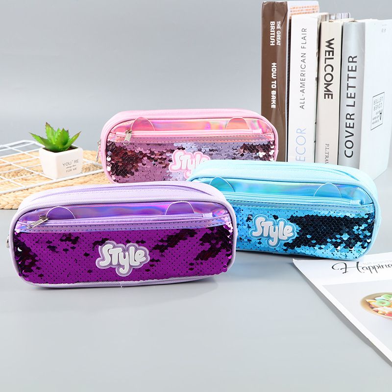 韩版学生少女英文字亮片文具盒大容量双拉链笔袋铅笔盒ug 815批发 价格 库存 义乌小商品城