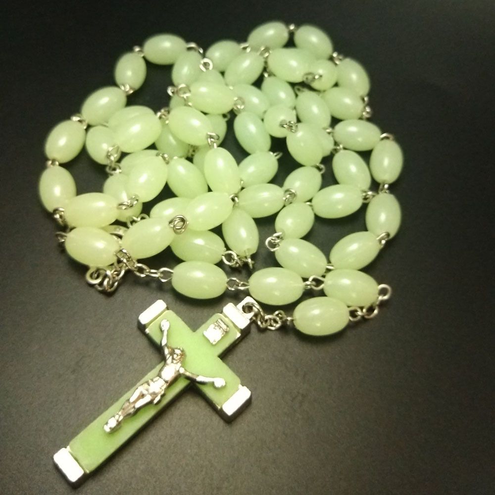 Luminous Rosary Necklace Christian Catholic Madonna Of Christ Cross Rice Bead Necklace 9*11Mm full figure