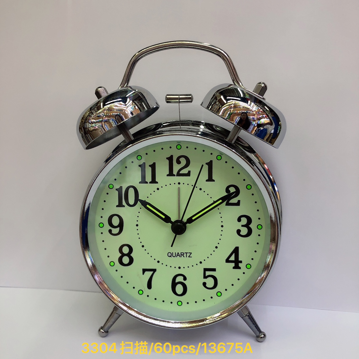 4寸银色扫描静音金属打铃钟 儿童礼品闹钟夜光摆钟
