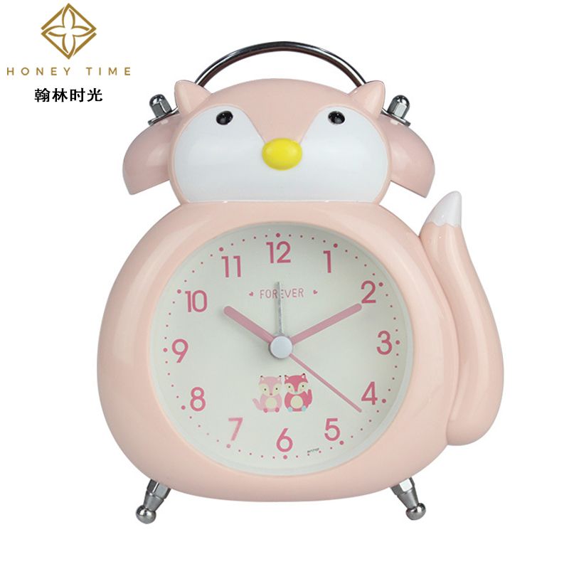 Cartoon little fox metal bell bell bell Bell Bell Bell Student children bedside silent sweep second night light alarm clock clock clock