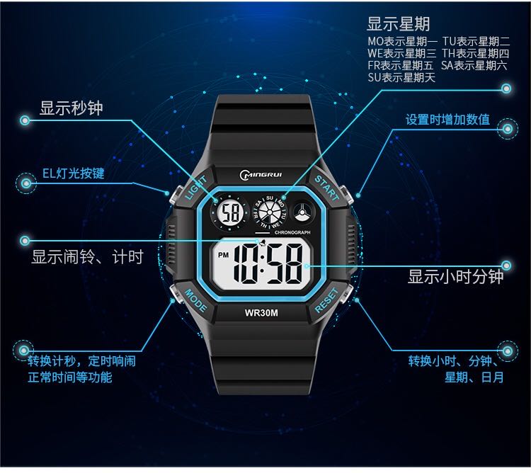 Nombre rui reloj electrónico hombres deporte moda impermeable nadar adolescente luminoso multifunción estudiante reloj electrónico detail image 7