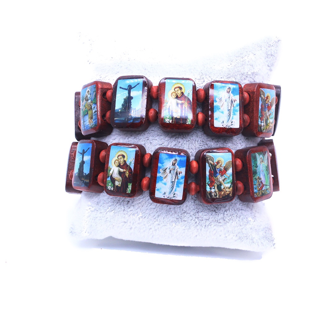 Thick Wood Chip Icon Drop Oil Sticker Block Bracelet Rosary Bracelet Holy Father Holy Mother Religious Accessories Christian Articles details Picture